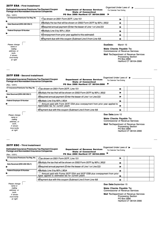 Form 207f Esa - Estimated Insurance Premiums Tax Payment Coupon Foreign And Nonresident Insurance Companies Printable pdf