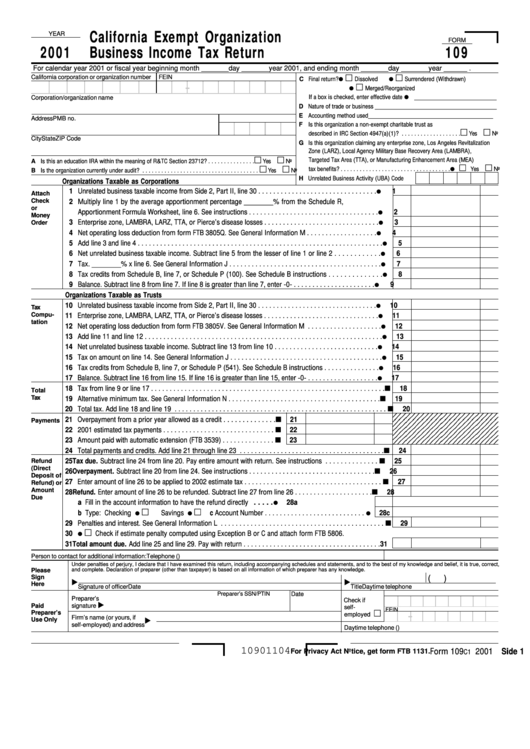 Form 109 - California Exempt Organization Business Income Tax Return - 2001 Printable pdf