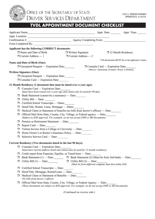 Fillable Tvdl Appointment Document Checklist Template - Illinois Secretary Of State Printable pdf