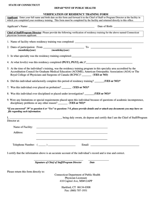 Fillable Verification Of Residency Training Form - State Of Connecticut Department Of Public Health Printable pdf