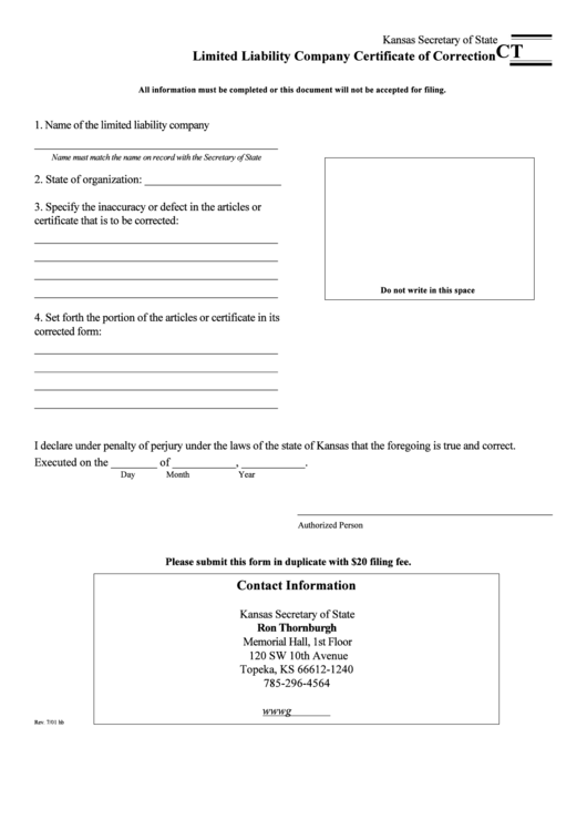 Llc Certificate Of Correction Form - Kansas Secretary Of State Printable pdf