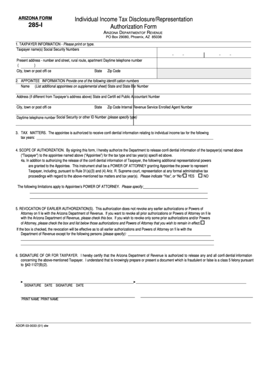 Fillable Arizona Form 285-I - Individual Income Tax Disclosure/representation Authorization Form Printable pdf