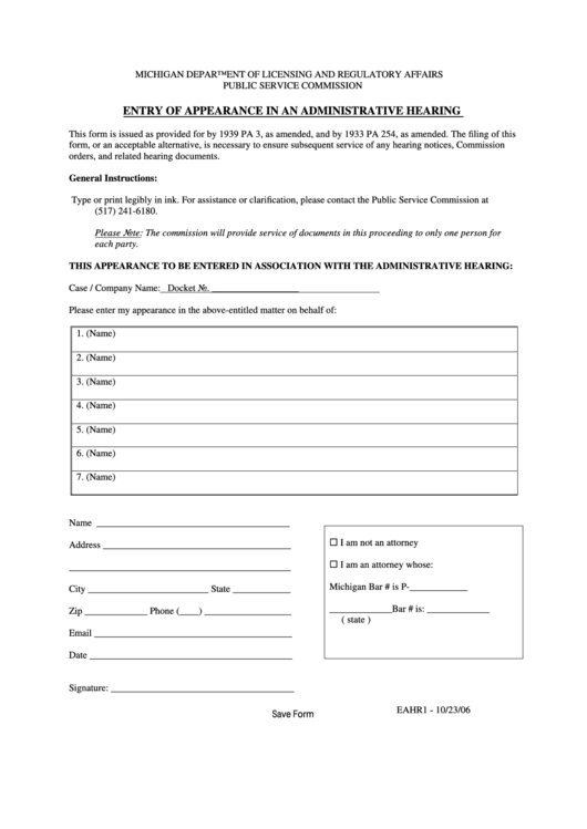 Fillable Entry Of Appearance In An Administrative Hearing Form - Michigan Department Of Licensing And Regulatory Affairs Public Service Commission Printable pdf
