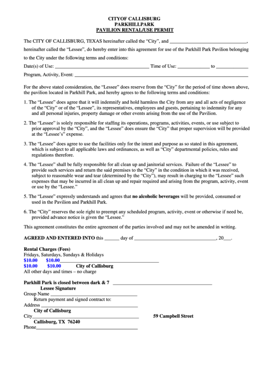 Pavilion Rental/use Permit Form - City Of Callisburg Printable pdf
