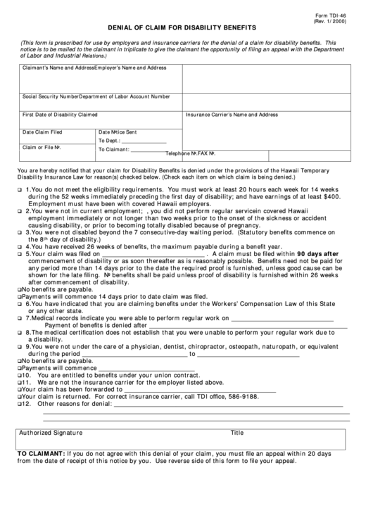Fillable Form Tdi-46 - Denial Of Claim For Disability Benefits - Department Of Labor And Industrial Relations Printable pdf