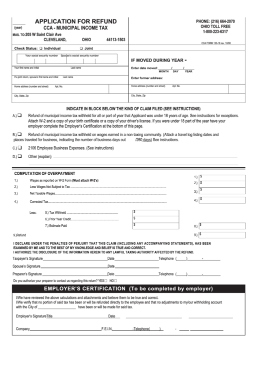 Cca Form 120-18 - Application For Refund 2008 Printable pdf