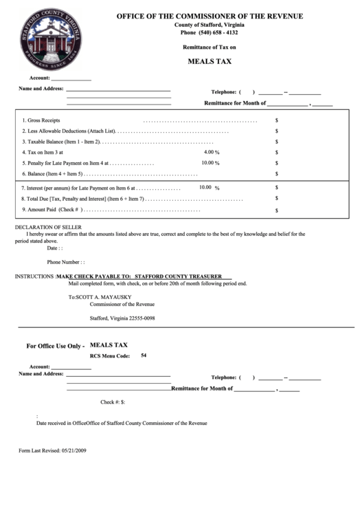 Meals Tax Form - Virginia Printable pdf
