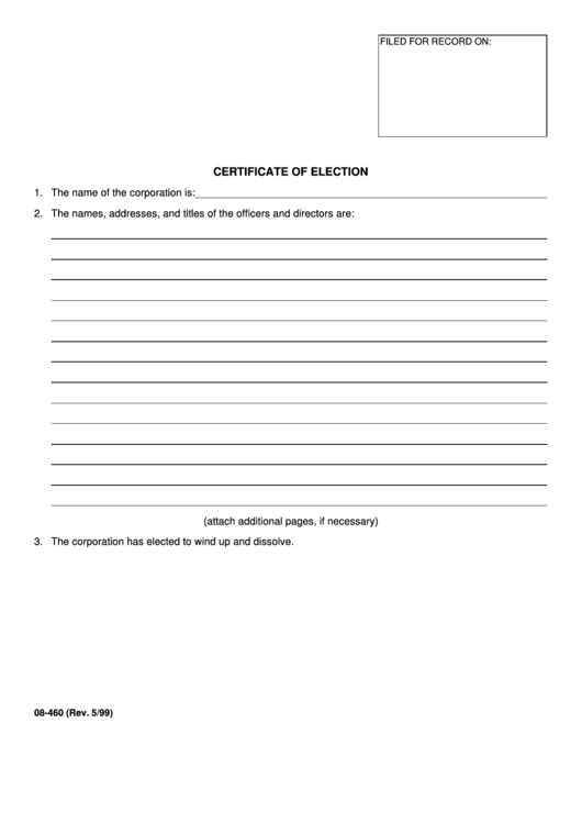 Form 08-460 - Certificate Of Election Printable pdf