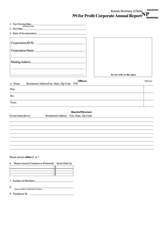 Form Np - Not For Profit Corporate Annual Report - Kansas Secretary Of State Printable pdf