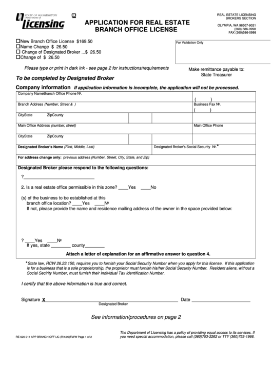 Fillable Application For Real Estate Branch Office License Form - Washington Printable pdf
