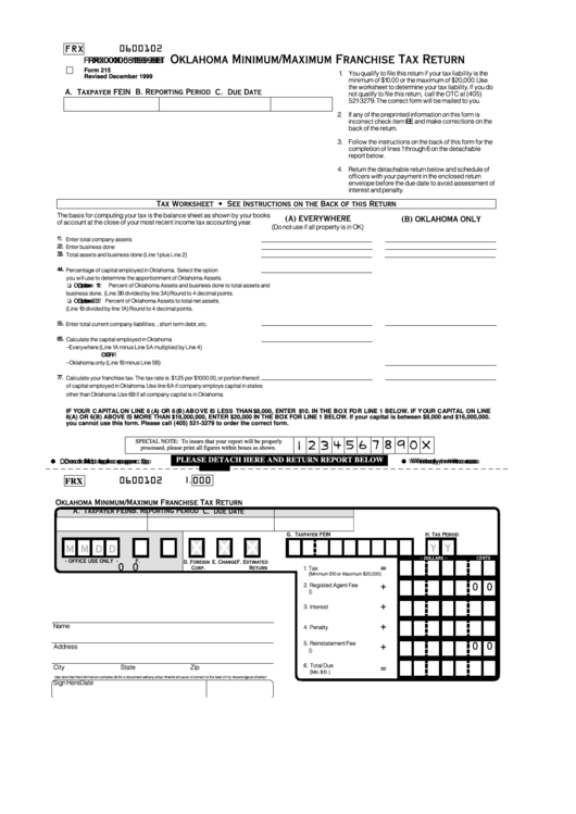 Form 215 - Oklahoma Minimum/maximum Franchise Tax Return Printable pdf
