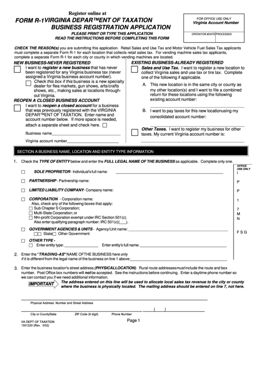 Form R-1 - Virginia Department Of Taxation Business Registration Application Printable pdf