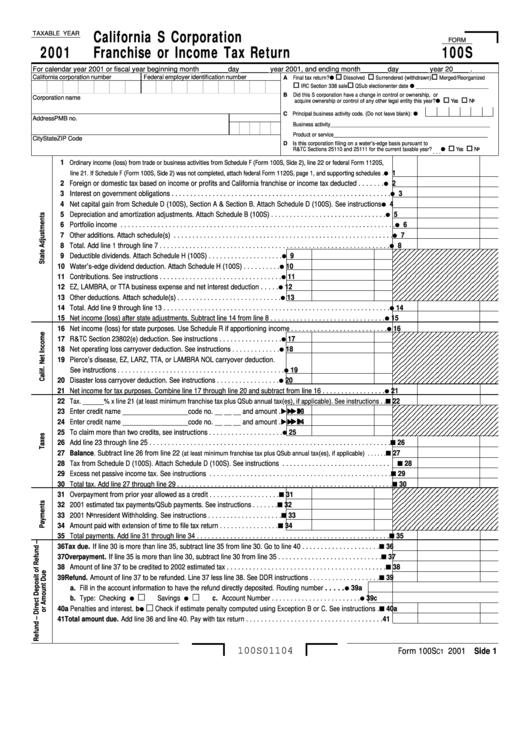 Form 100s - California S Corporation Franchise Or Income Tax Return - 2001 Printable pdf