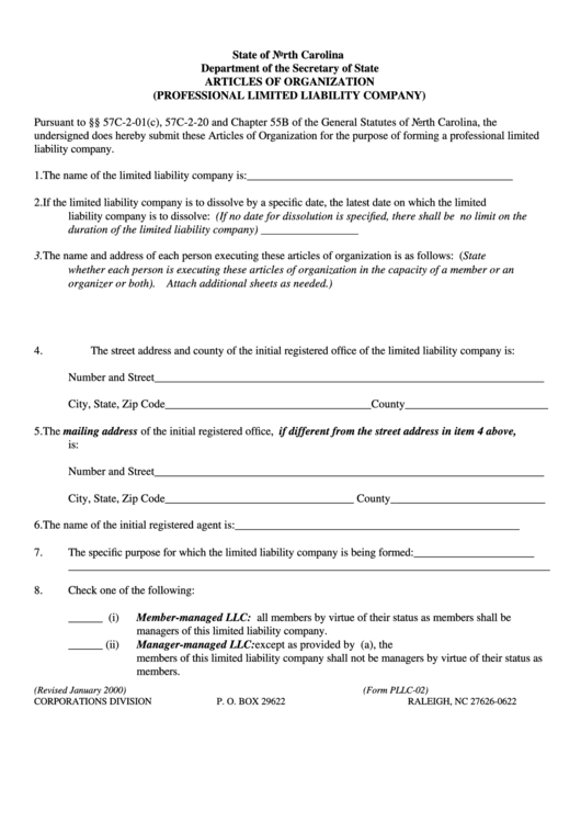 Form Pllc-02 - Articles Of Organization (Professional Limited Liability Company) - 2000 Printable pdf