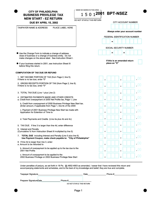 Form Bpt-Nsez - Business Privilege Tax - 2001 Printable pdf