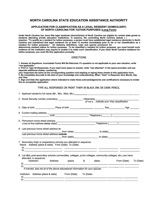 Application For Clasification As A Legal Resident (Domiciliary) Of North Carolina For Tuition Purposes (Long Form) Printable pdf