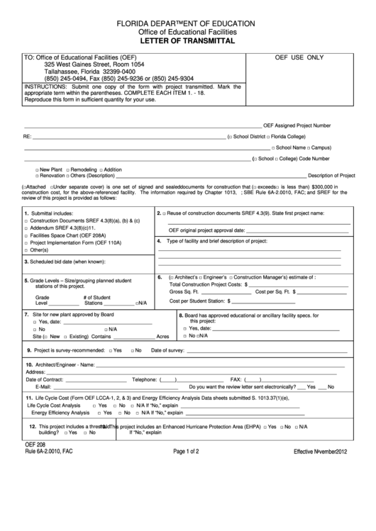 Form Oef 208 - Letter Of Transmittal - Florida Department Of Education Printable pdf