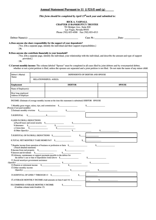 Annual Statement Pursuant To 11 U.s.c. 521(F) And (G) Printable pdf