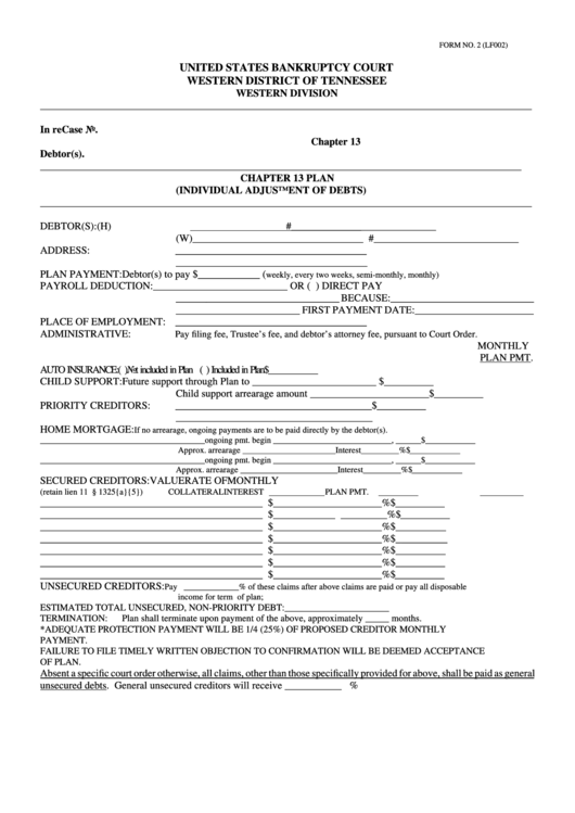 Fillable Form 2 - Chapter 13 Plan - United States Bankruptcy Court - Western District Of Tennessee Printable pdf