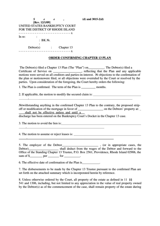 Order Confirming Chapter 13 Plan Form - United States Bankruptcy Court For The District Of Rhode Island Printable pdf