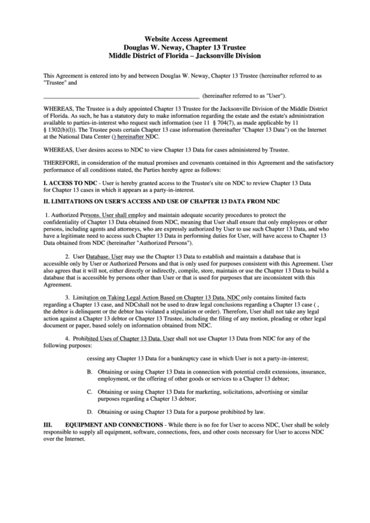 Fillable Web Site Access Agreement Template - Middle District Of Florida - Jacksonville Division Printable pdf