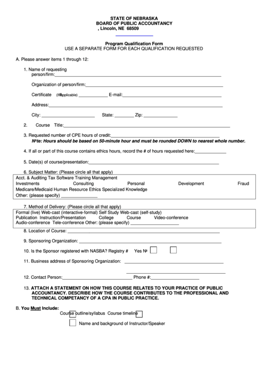 Fillable Program Qualification Form - State Of Nebraska Board Of Public Accountancy Printable pdf