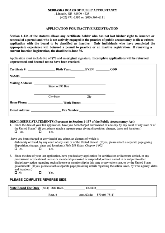 Fillable Inactive Registration Application Form - State Of Nebraska Board Of Public Accountancy Printable pdf
