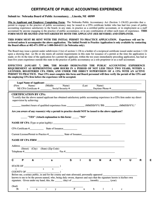 Public Accounting Experience Form - State Of Nebraska Board Of Public Accountancy Printable pdf