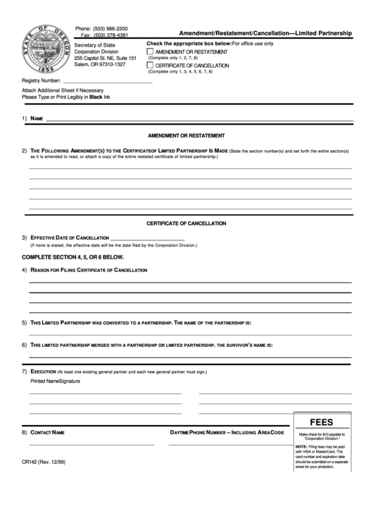 Fillable Form Cr142 - Amendment/restatement/cancellation - Limited Partnership Form Printable pdf