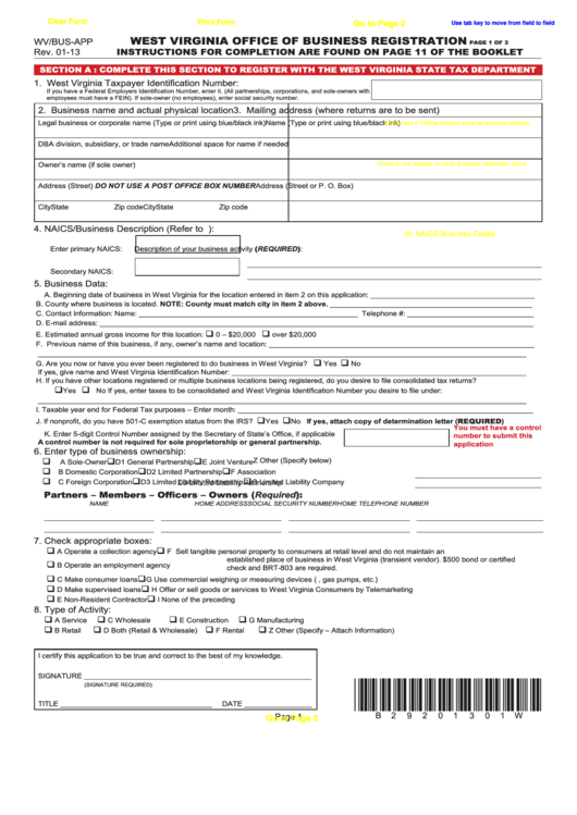 Fillable Form Wv/bus-App - West Virginia Office Of Business Registration Printable pdf