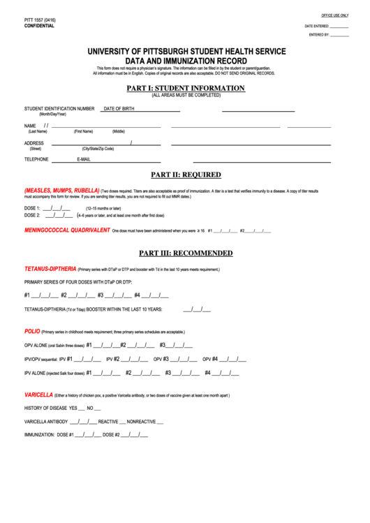 Form Pitt 1557 - Data And Immunization Record Form - University Of Pittsburgh Student Health Service Printable pdf