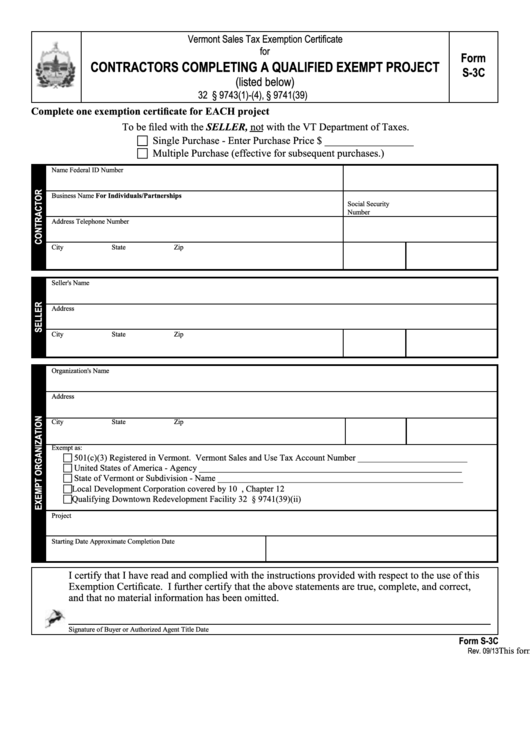 Form S-3c - Sales Tax Exemption Certificate For Contractors Completing A Qualified Exempt Project Printable pdf