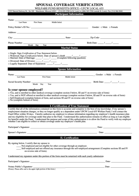 Spousal Coverage Verification Form Printable pdf