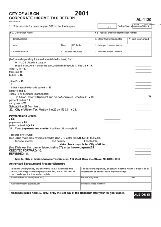 Form Al-1120 - Corporate Income Tax Return - City Of Albion - 2001 Printable pdf