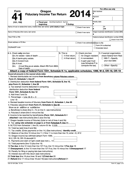 Fillable Form 41 - Oregon Fiduciary Income Tax Return - 2014 Printable pdf