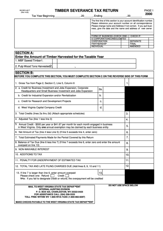 Form Wv/sev-401t - Timber Severance Tax Return - 2000 Printable pdf