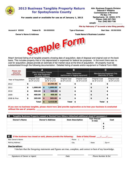 2013 Business Tangible Property Return For Spotsylvania County Sample
