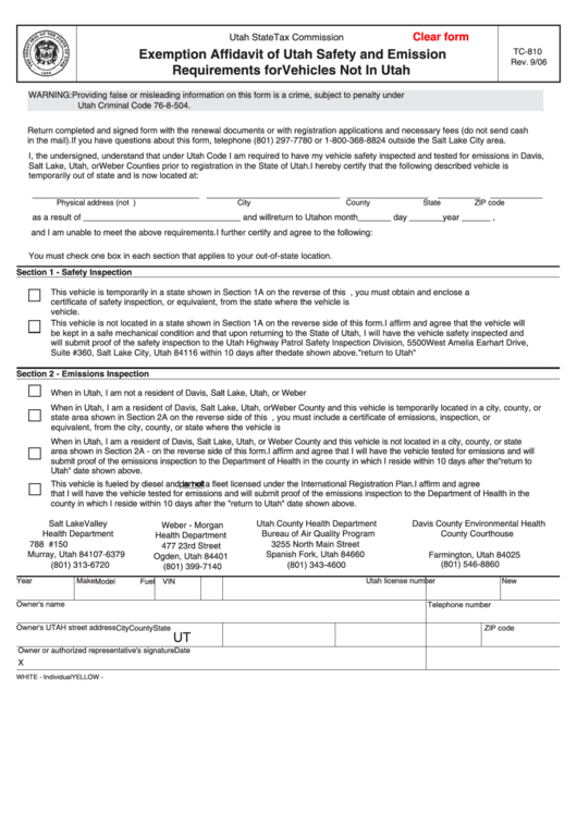Fillable Form Tc-810 - Exemption Affidavit Of Utah Safety And Emission Requirements For Vehicles Not In Utah -2006 Printable pdf