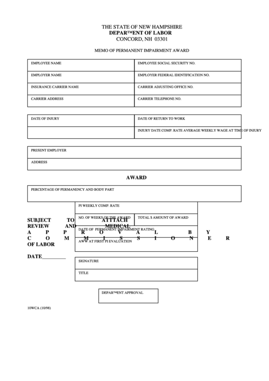 Form 10wca - Memo Of Permanent Impairment Award Printable pdf