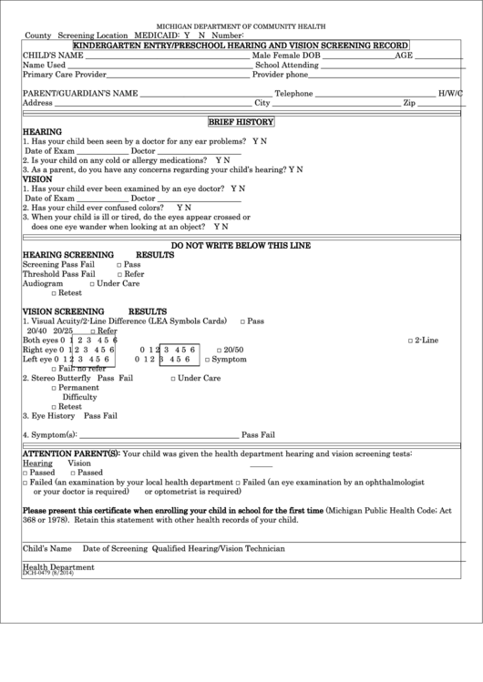 Form Dch-0479 - Kindergarten Entry/preschool Hearing/vision Screening Record - Michigan Department Of Community Health Printable pdf