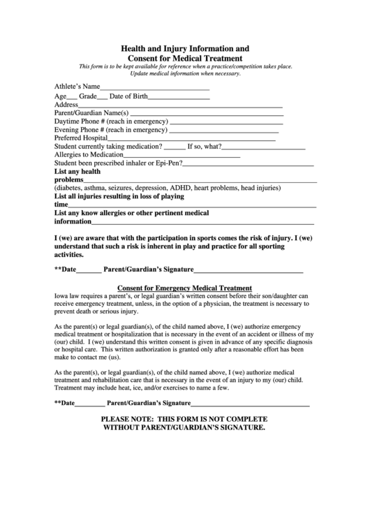 Health And Injury Information And Consent For Medical Treatment Form Printable pdf