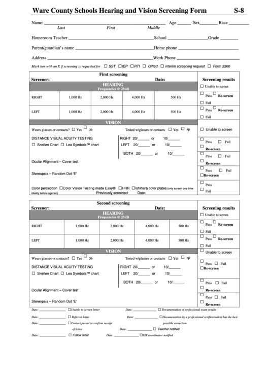 Hearing And Vision Screening Form Printable pdf