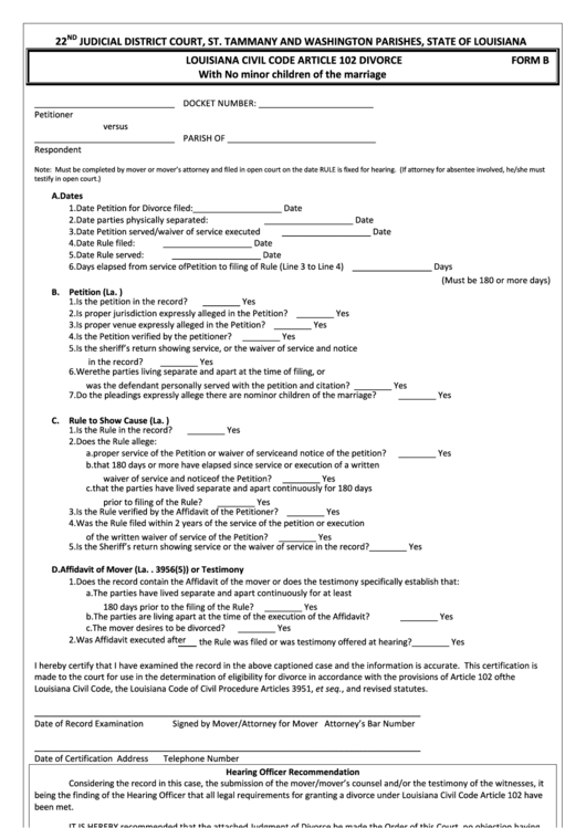 Fillable Form B - 102 Divorce (No Minor Children) - 22nd Judicial District Court Printable pdf