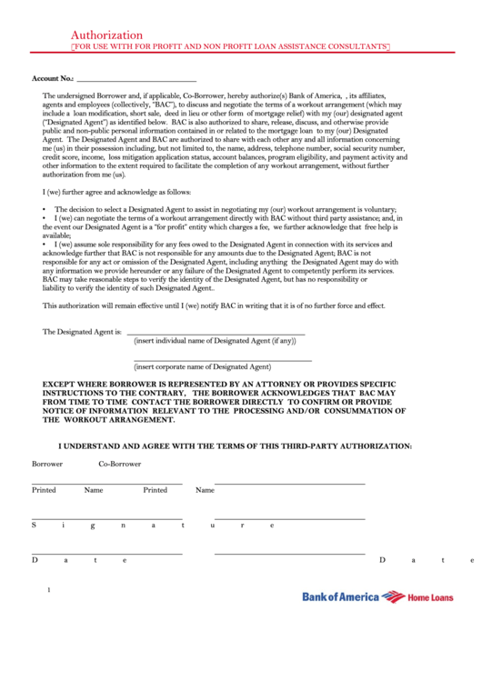 Authorization For Use With For Profit And Non Profit Loan Assistance Consultants Form Printable pdf