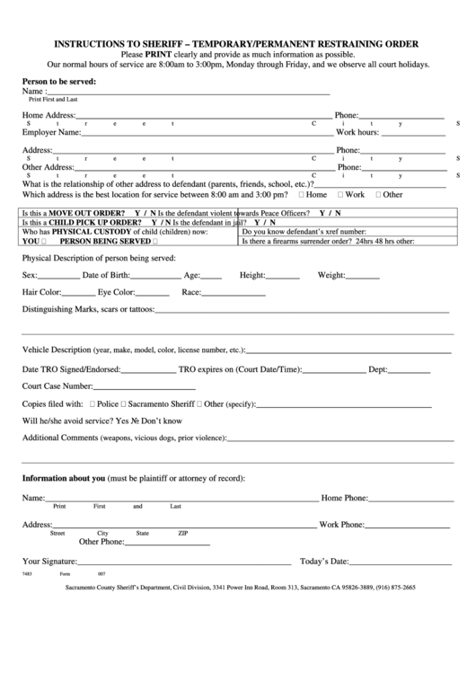 Form 007 - Instructions To Sheriff - Temporary/permanent Restraining Order - Sacramento County Sheriff