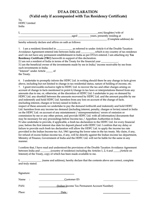 Dtaa Declaration Form Printable pdf