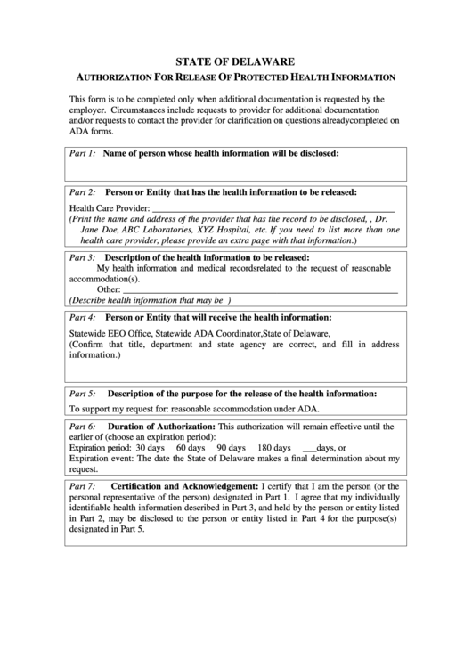 Fillable Authorization For Release Of Protected Health Information Form Printable pdf