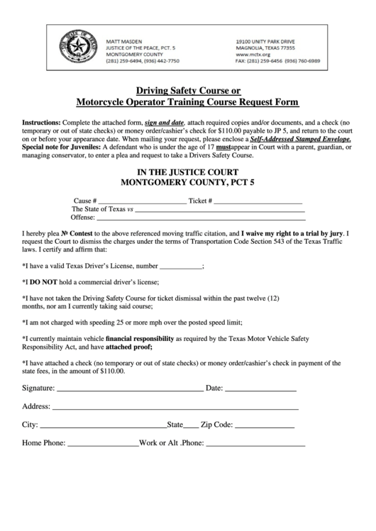 Motorcycle Operator Training Course Request Form - Montgomery County Printable pdf