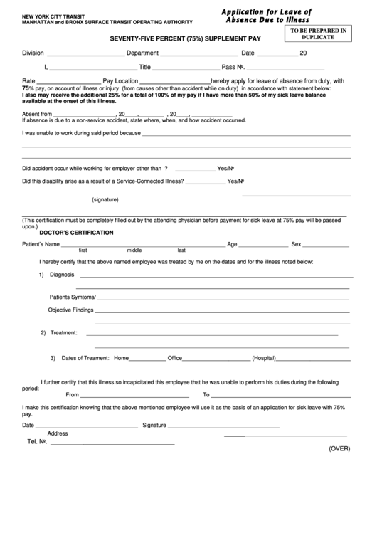 Application For Leave Of Absence Due To Illness Form Printable pdf
