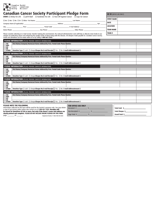 Fillable Participant Pledge Form Printable pdf